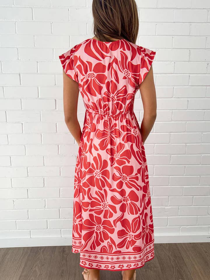 Red Boho Floral V Neck Buttoned Shirred Waist Dress for wholesale on Faire19