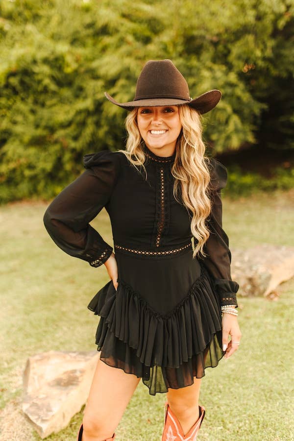 LUCKY & BLESSED - Wholesale Dress - Women's - Black Ruffle Tier Hem Long Sleeve Dress