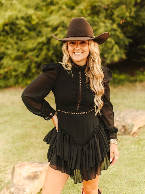 LUCKY & BLESSED - Wholesale Dress - Women's - Black Ruffle Tier Hem Long Sleeve Dress0