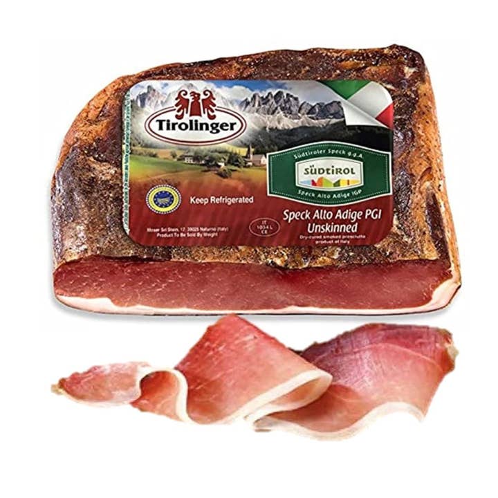 Wholesale Italian Food - Wholesale Ham - Speck, 6 lbs +/- (4lbs - 6lbs/piece) ,Seasoned and Smoked Italian Ham, Cured in the European Alps Mountains, Alto Adige IGP, Boneless and Ready to Slice, Best sliced paper thin with slicer, (Not Prosciutto), Weight approx. 6 lbs, by Moser Tirolinger brand1