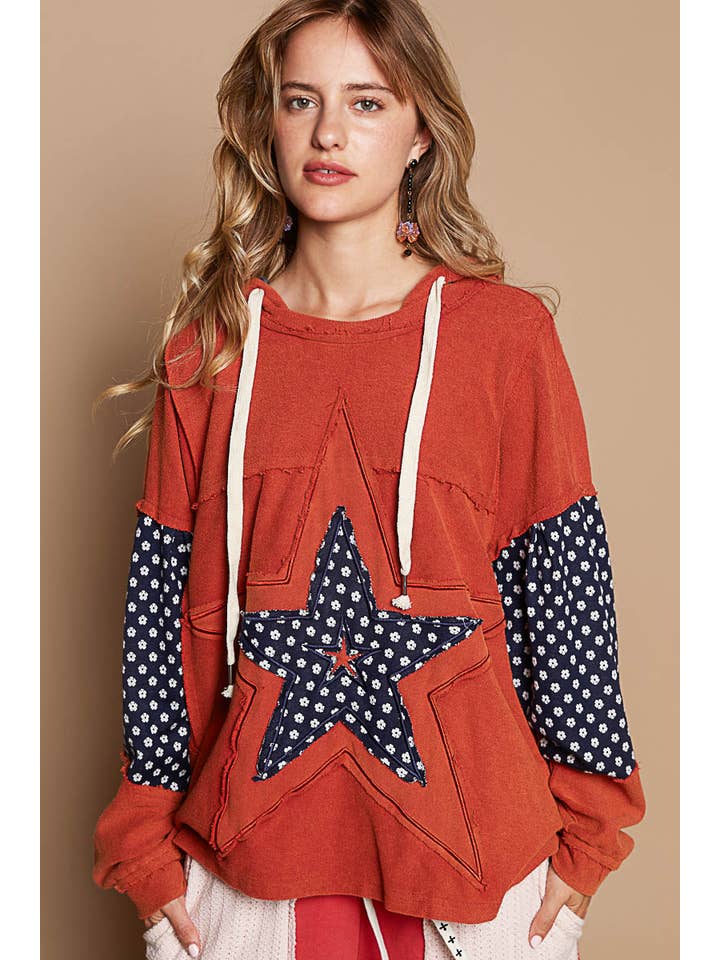 Pol Clothing - Wholesale Hoodie - Women's - Star patch-work frayed edge french terry hoodie SALE