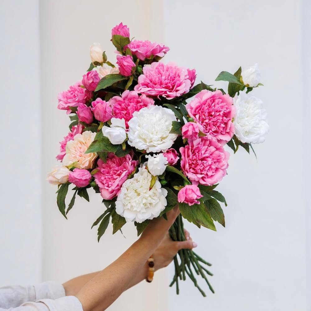 Flowrette - Venta al por mayor Flores artificiales - Peonía rosa oscuro Amaranto verde artificial - alta gama - real touch - Día de la Madre4