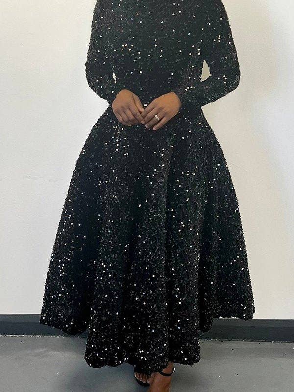 Aria Romance - Wholesale Dress - Women's - Round neck long sleeve solid color sequin high waist style mid-length dress dress
