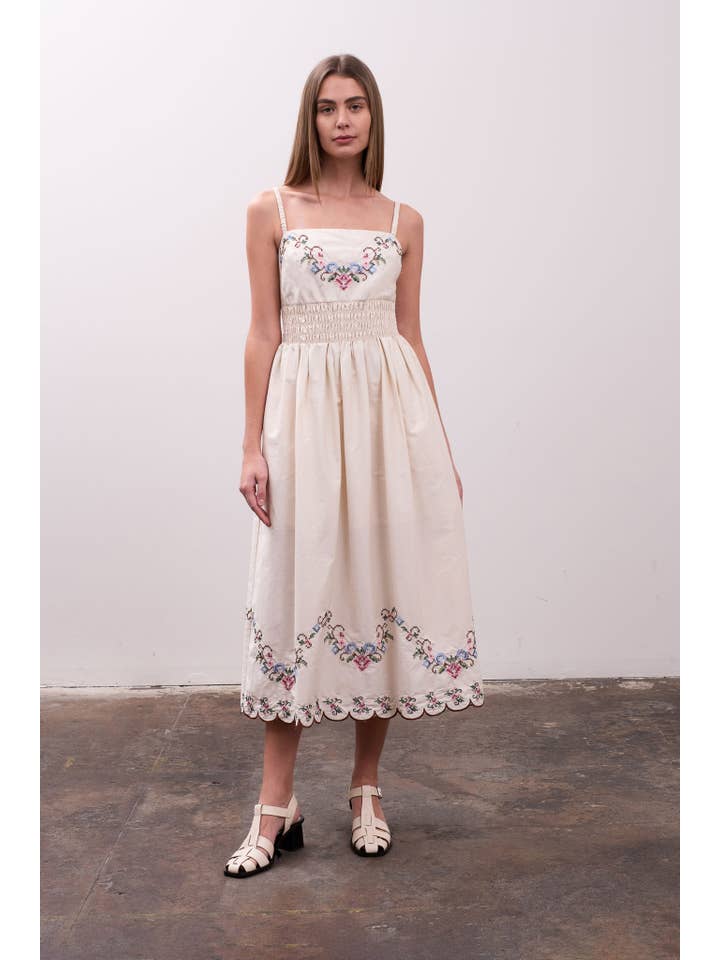 CREAM MULTI MULTICOLOR EYELET EMBROIDERY DETAIL MIDI DRESS for wholesale on Faire