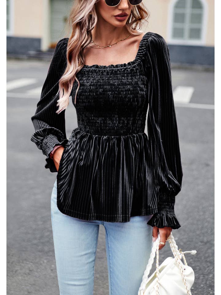 ePretty - Wholesale Blouse - Women's - Velvet Smocked Ribbed Square Neck Peplum Blouse SZ25-TP320329