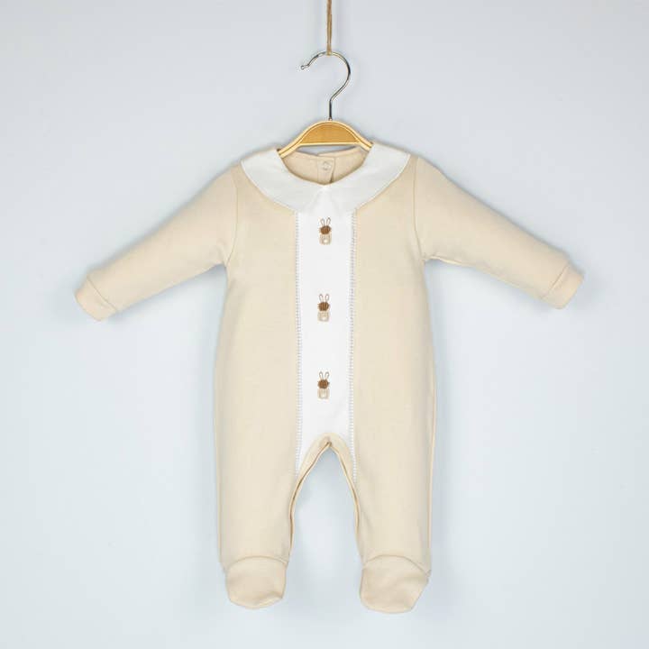 Baby cotton overall with rabbit embroidery for wholesale by Cheeky Nomads