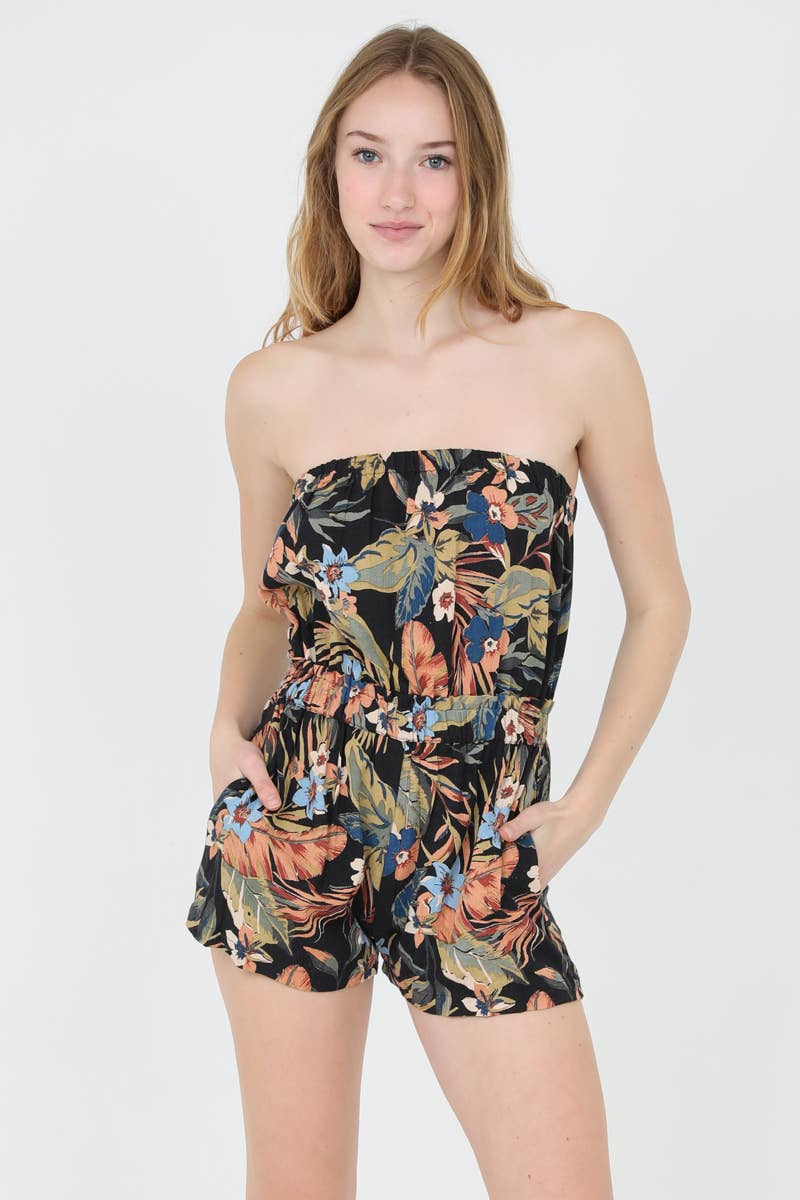 ANGIE - Wholesale Romper - Women's - B5A64-A878 STRAPLESS TROPICAL PRINT ROMPER WITH POCKETS5