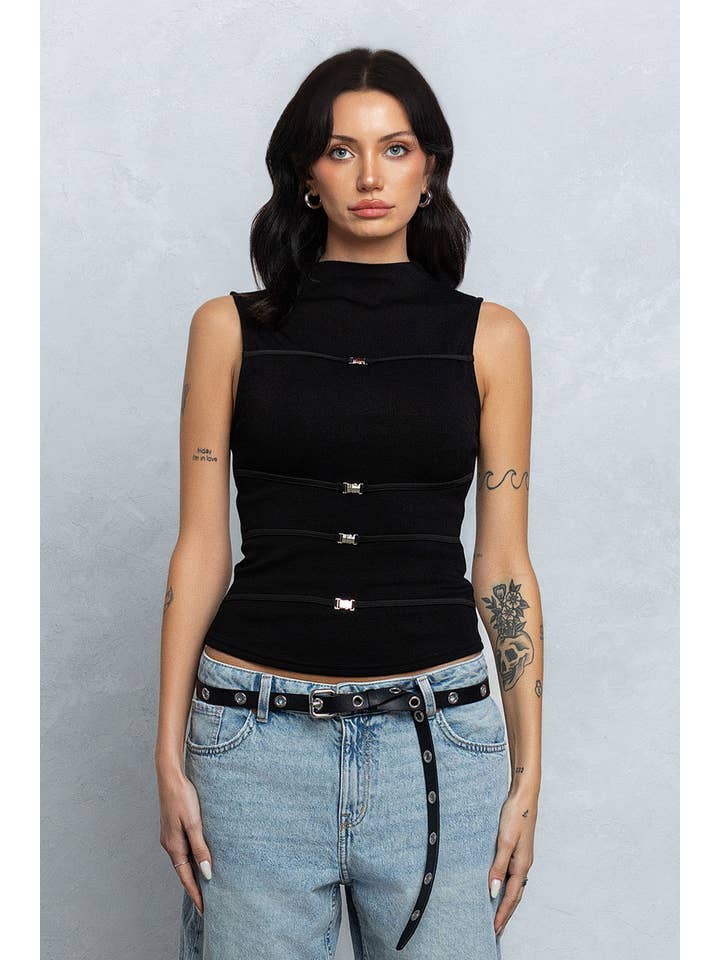 No Vacancy - Wholesale Tank Top - Women's - Thin scuba mock neck tank top w/ metal clasps4