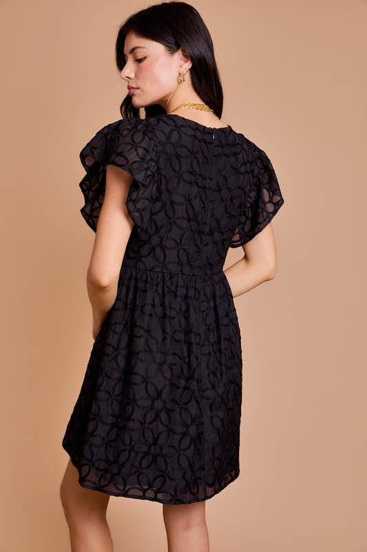 Black SQUARE NECK RUFFLE SLEEVE MINI DRESS for wholesale on Faire2