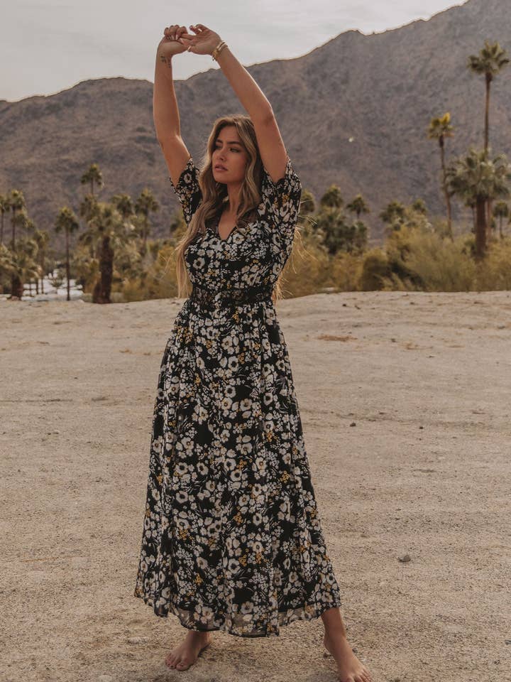 Floral Print Lace Detail Short Sleeve Maxi Dress for wholesale by Lovestitch