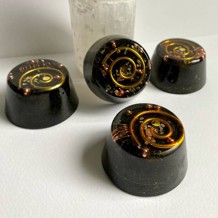 Set of 4 Orgonite EMF Shield Room Grid Pucks with Shungite for wholesale by House of Hollyhawk
