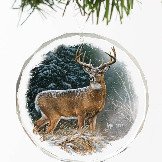 ROUND GLASS ORNAMENT STORM WHITE TAIL DEER - MILLETTE for wholesale by Art Brand Studios