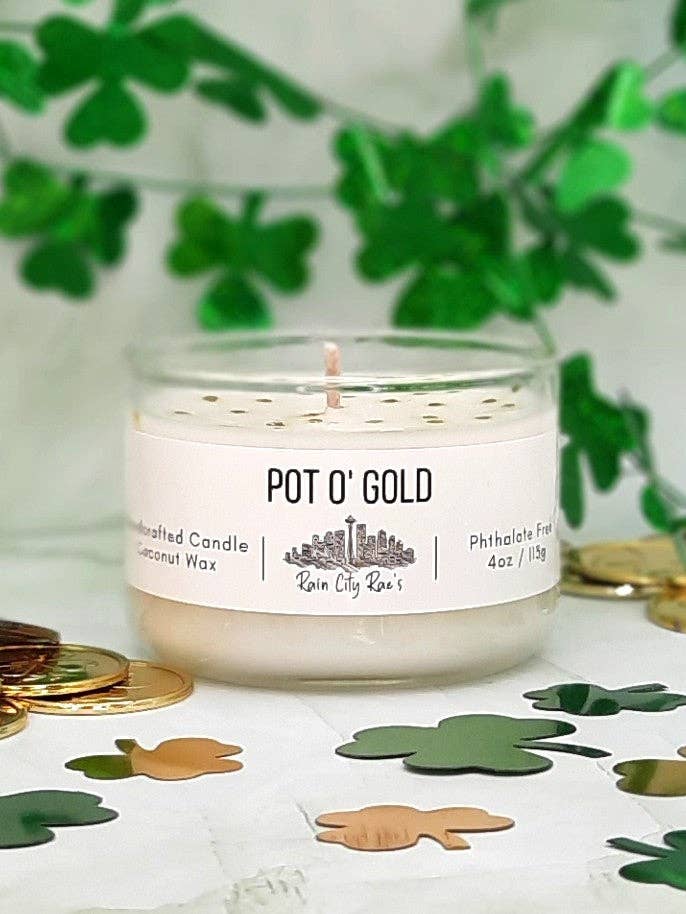 St Patricks Day Pot of Gold 4 oz Petite Candle for wholesale by Rain City Rae's