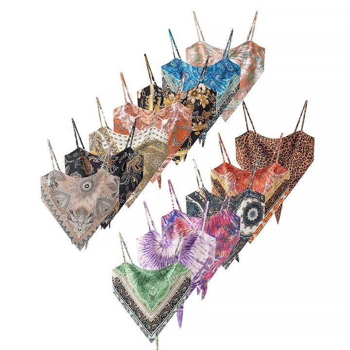 Rosa Clothing - Wholesale Camisole - Women's - Silk Vintage Print Backless Lace-Up Cropped Camisole Top