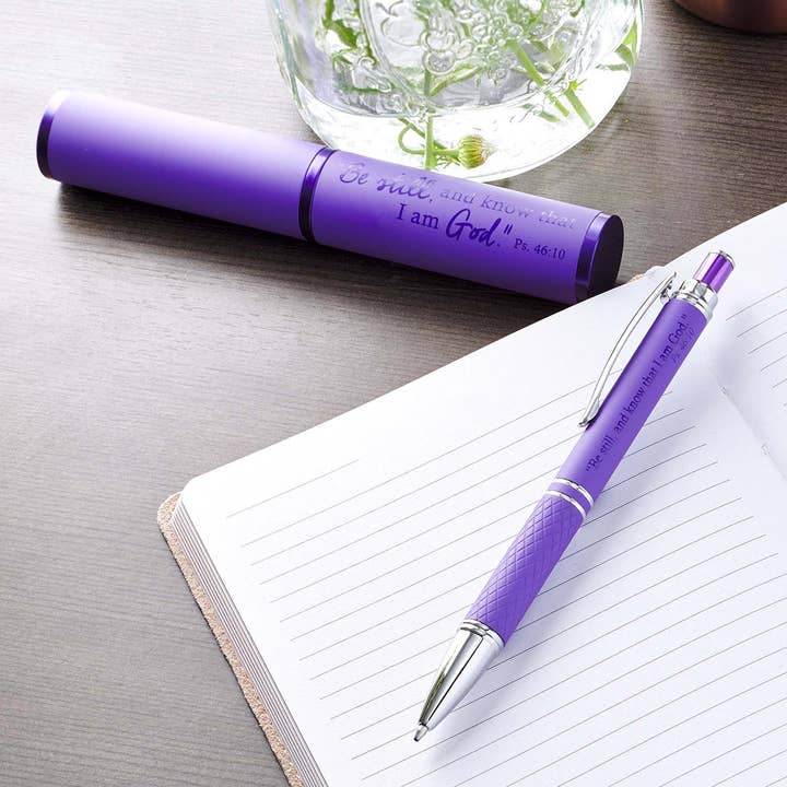 Christian Art Gifts - Wholesale Pen - Pen in Case Be Still Purple Ps. 46:104