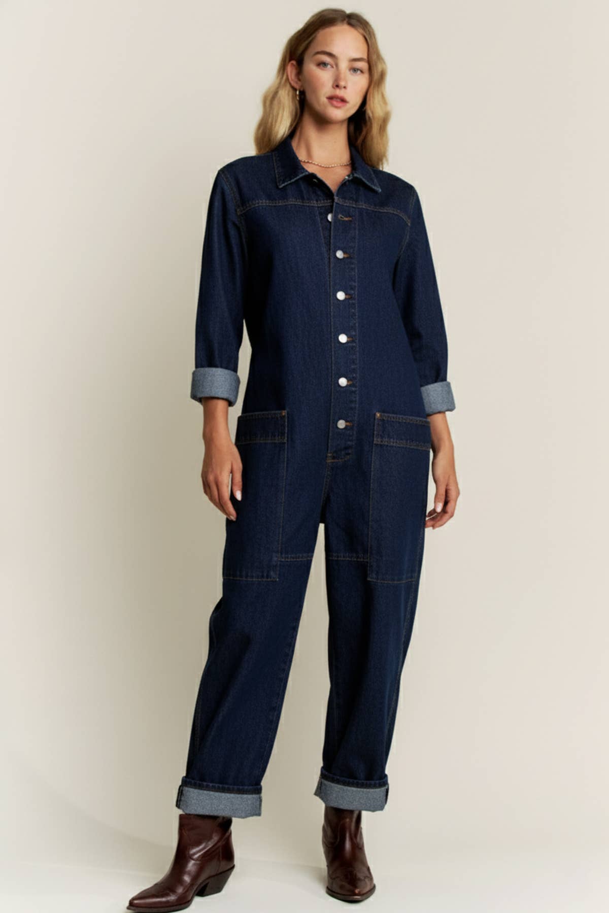 Lara Daisy - Wholesale Jumpsuit - Women's - Collared Neck Button Fly Relaxed Denim Jumpsuit6