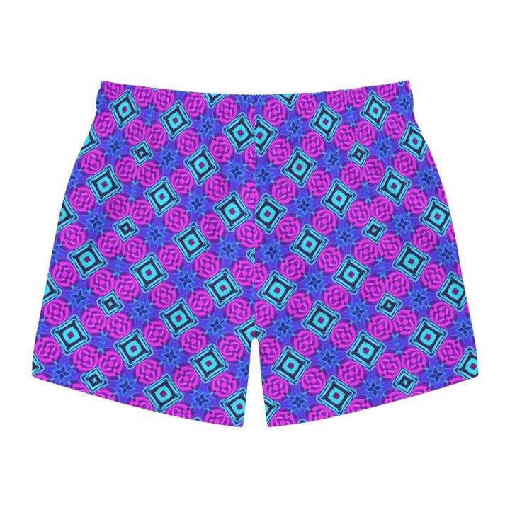 Hot Pink & Vibrant Blue Geometric Pattern Swim Trunks for wholesale by King Killers