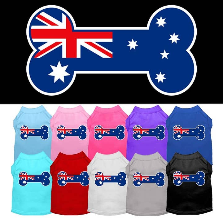 Pet Dog & Cat Shirt Screen Printed, "Bone Shaped Australian Flag" for wholesale by As You Wish Apparel