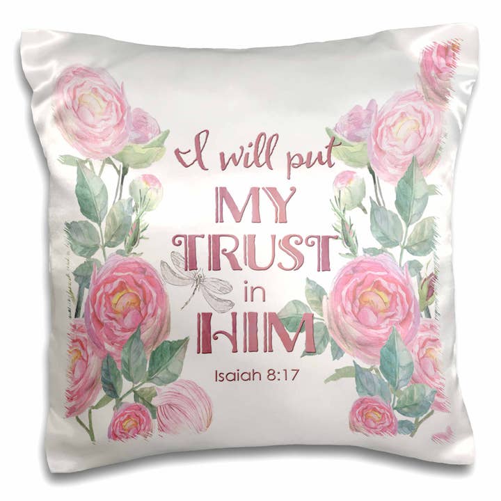 3dRose, Akvarel Pink Roser og Bibeltypografi - Jeg Vil Sætte Min Lid Til Ham, Pudebetræk for engroshandel hos 3dRose
