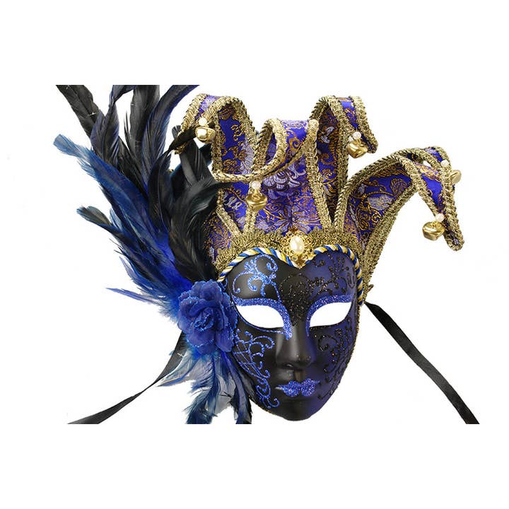 Masque de mascarade à plumes bleues de bouffon pour la vente par KBW Global Corp.
