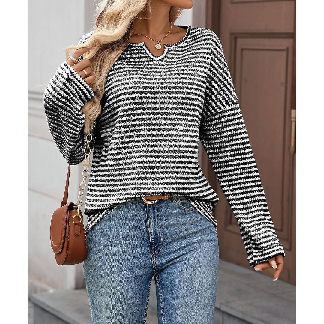 UNISHE - Wholesale Blouse - Women's - Striped Waffle Knit Long Sleeve Top MD23720