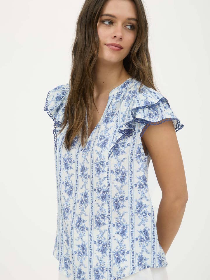 Blu Pepper - Wholesale Blouse - Women's - STRIPE FLORAL SPLIT NECK RUFFLE SLEEVE TOP