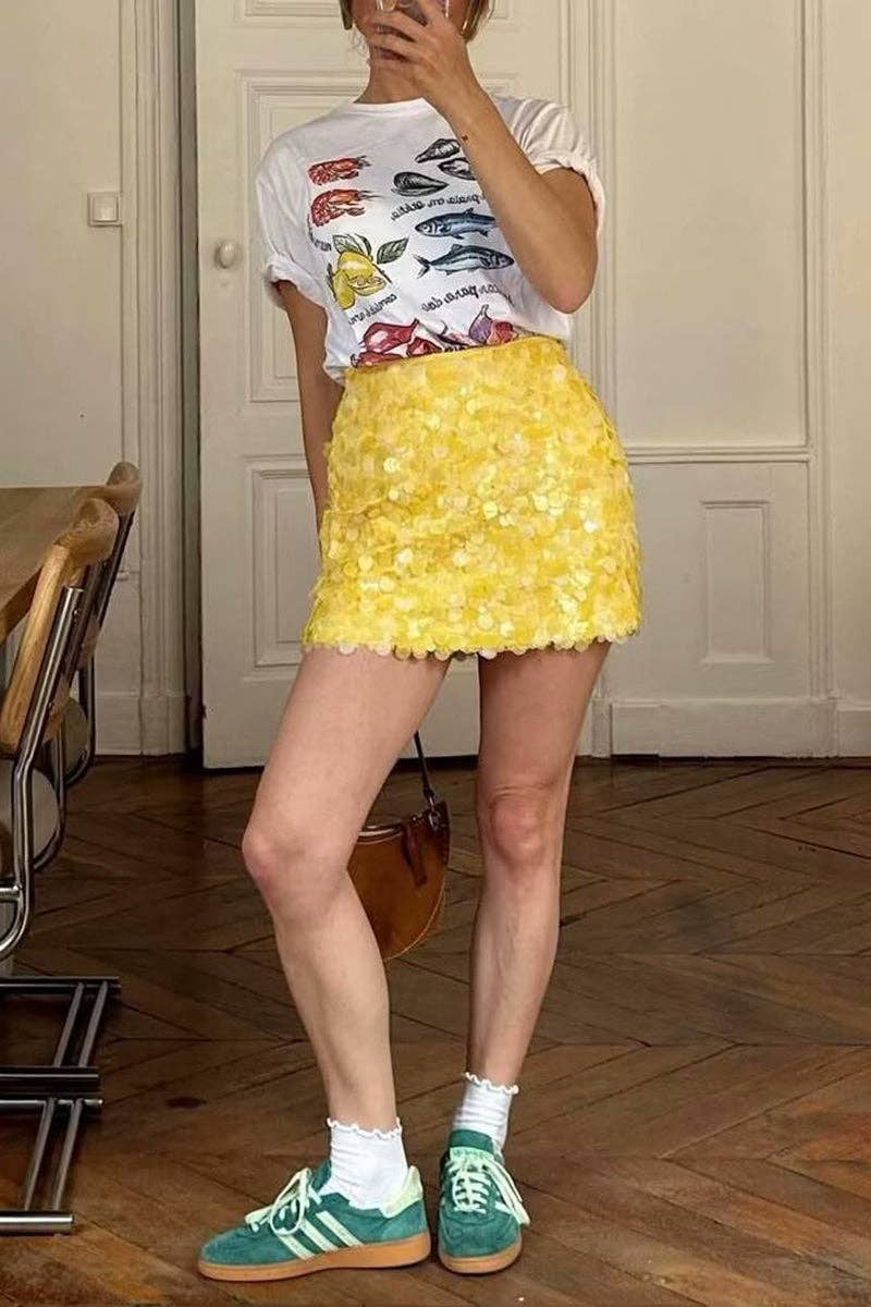 YELLOW Sequin Embellished Mini Skirt for wholesale on Faire2