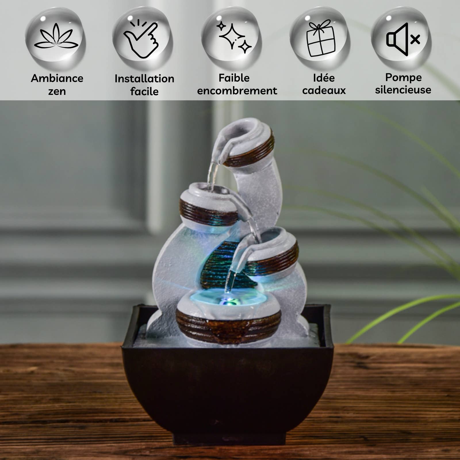 Zen'Arôme - Vente Décoration de cheminée - Fontaine d'Intérieur Kara avec écoulement en Cascade + Led2