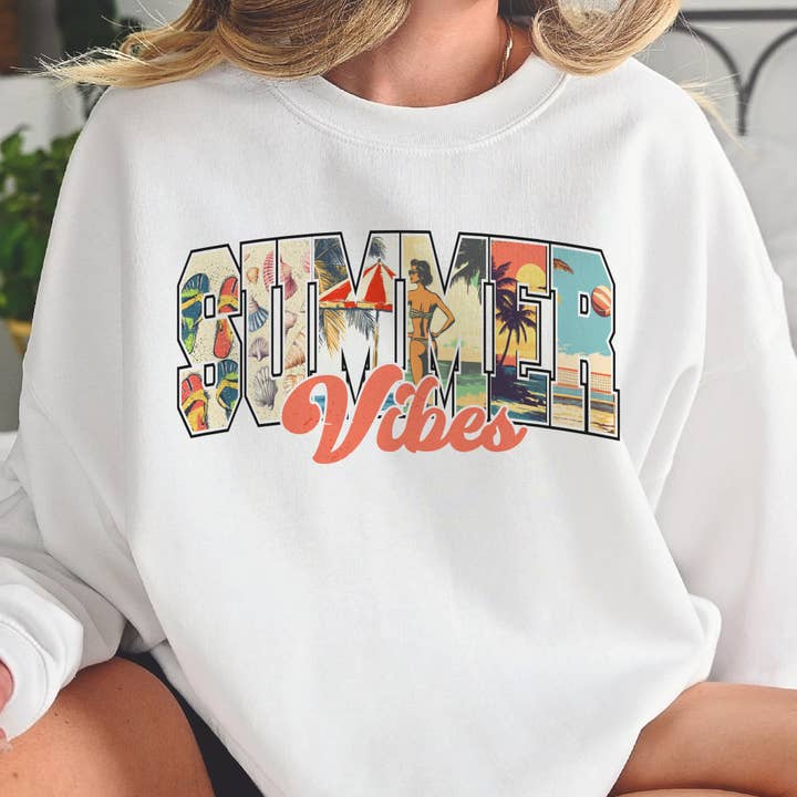 Retro Summer Vibes Vacation Vintage Beach Graphic Sweatshirt for wholesale by Par.tees by Party On!