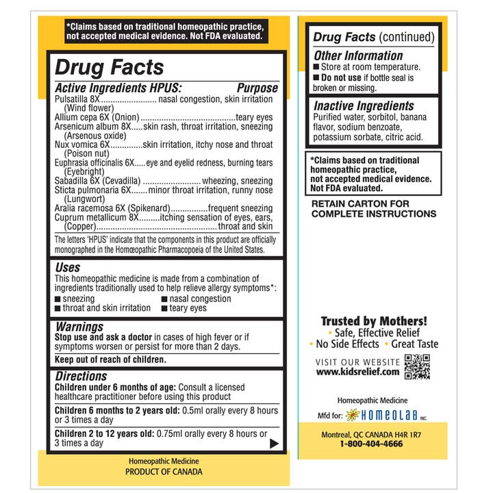 homeolab International Inc - Wholesale Oral Supplement/Vitamin - Kids Relief Allergy Oral Liquid for Kids 0-12 Years 25 mL