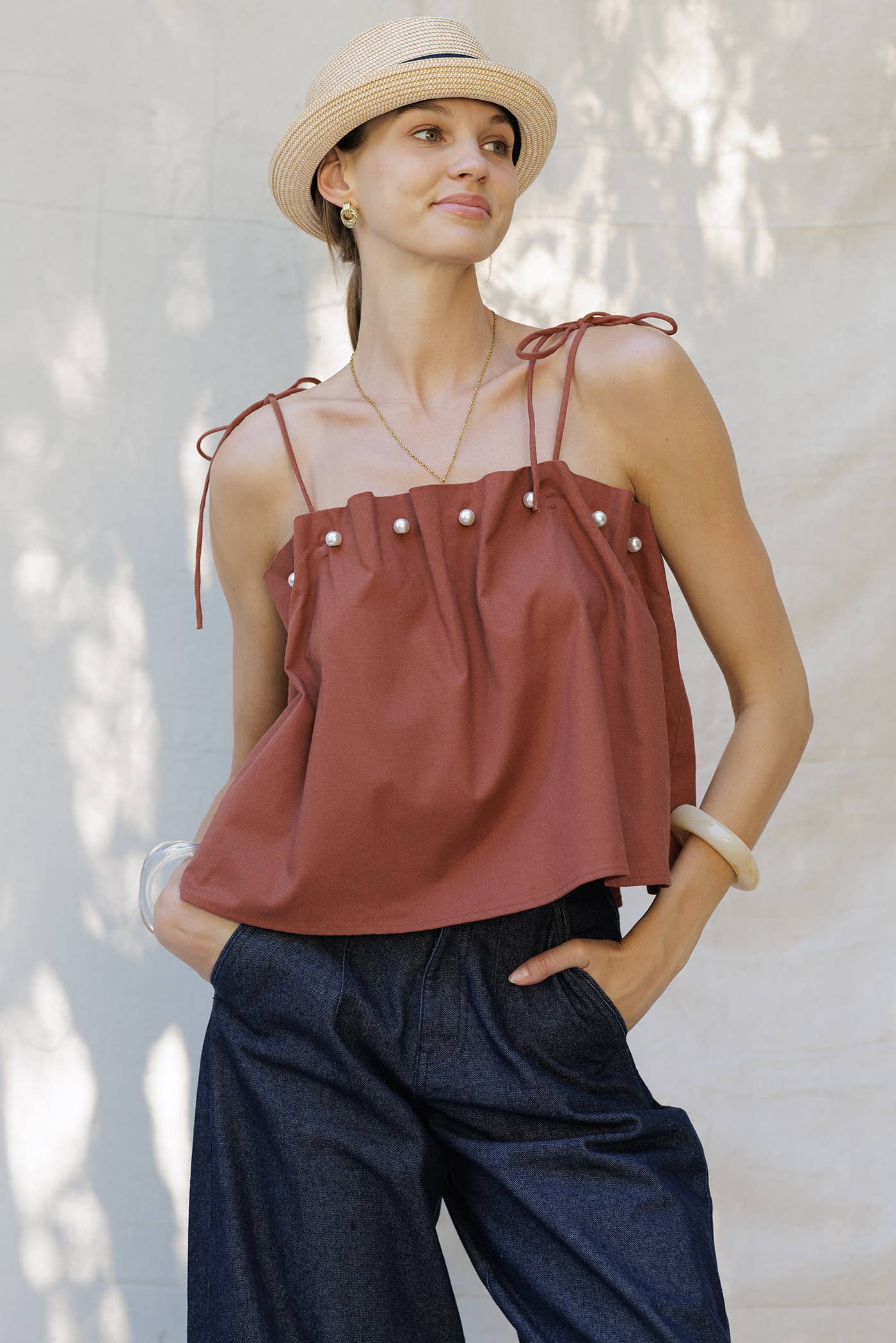 LINO BICOLORE Top in lino con perle applicate in vendita all'ingrosso su Faire13