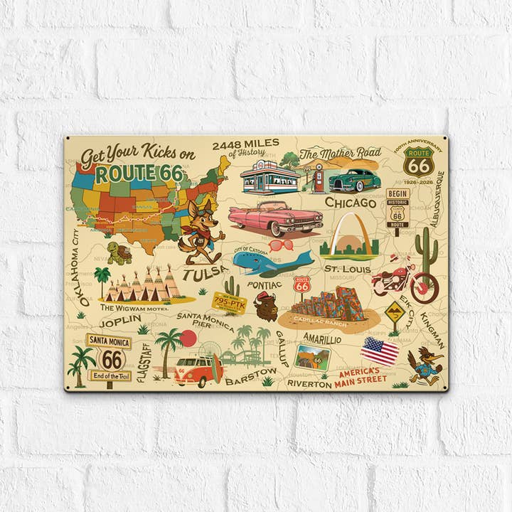 Legends of Route 66 with Mascots USA Made 22 Gauge 18 x 12 Metal Wall Decor– Sunbeltgifts® 100th Anniversary Edition for wholesale by Sunbeltgifts | Licensed Home Wall Decor
