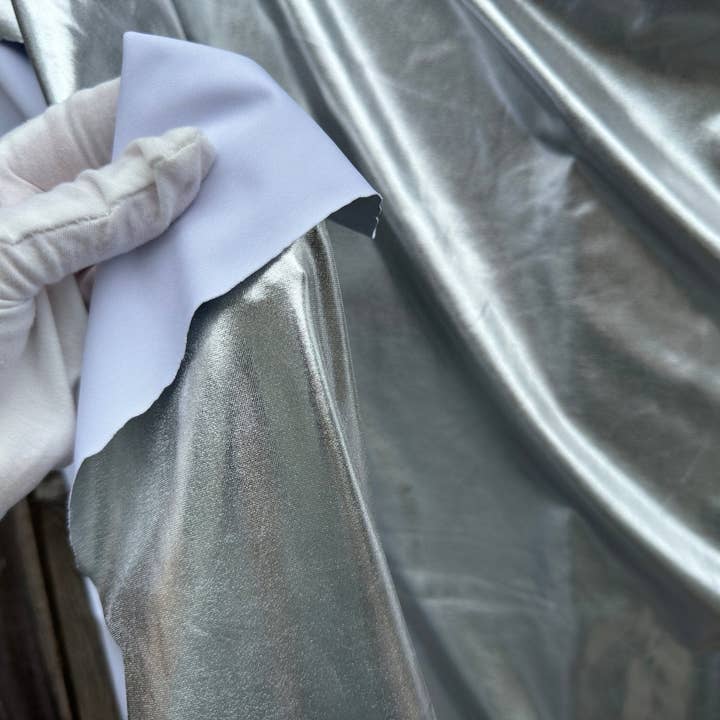 GalaTextile - Wholesale Fabric - Silver Spandex Lame Foil Fabric by Yard Super Stretch Metallic Lame All Over Foil on Stretch Knit for Dance Wear Costumes, Dresses, Leggings6