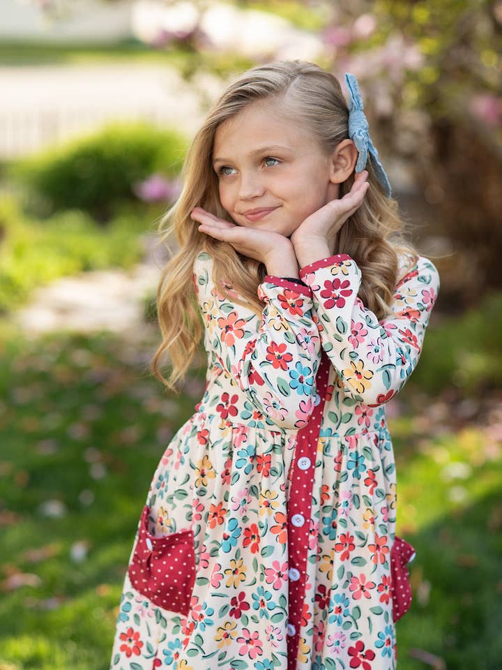 Adorable Sweetness - Wholesale Dress - Kids - Kids Cream & Burgundy Floral Ruffle Button Pocket Fall Dress