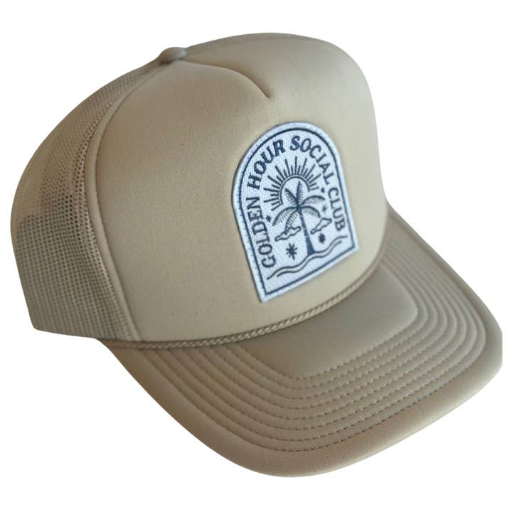 Tan Golden Hour Social Club Patch Trucker Hat for wholesale on Faire1