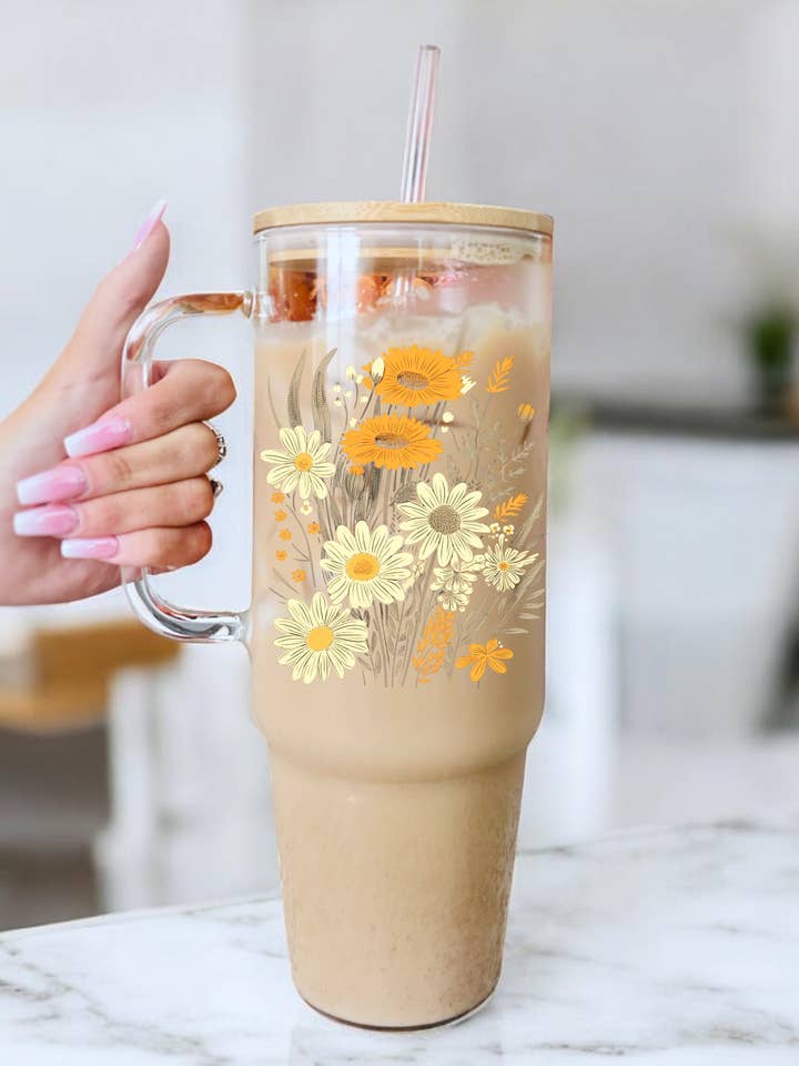 Wildflower, Floral40 Oz Glass tumbler, coffee tumbler for wholesale by Style + Grace Wholesale