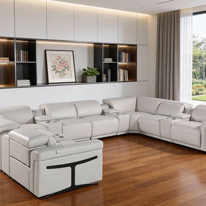 Light Gray Italian Leather Power Reclining U Shaped Console for wholesale by HomeRoots