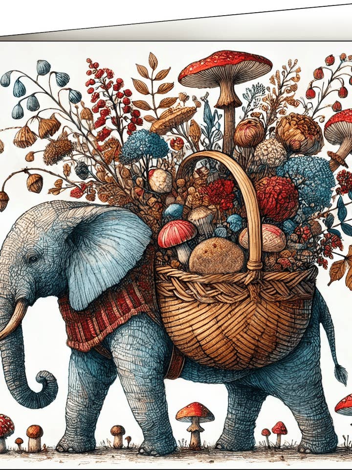 Greeting Card, Elephant with Woodland Basket for wholesale by Thistle and Tale Press