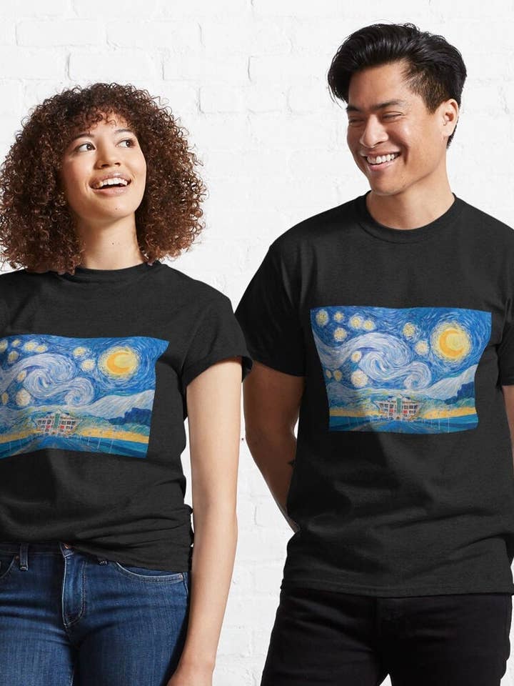 Píer de St Pete E A Noite Estrelada, Vincent Van Gogh Inspiration. Arte, Print, T-shirt Clássica Homem, Lembrança por atacado de SAVAQ