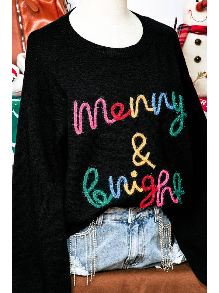 As shown Fall Colorful Merry&Bright Tinsel Graphic Christmas Sweater for wholesale on Faire