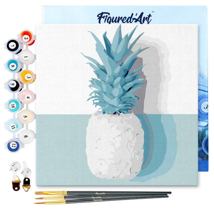 Mini peinture par numéros Ananas blanc 20x20cm déjà encadrée pour la vente par Figured'Art