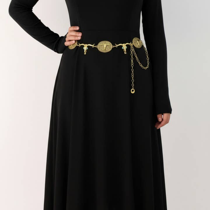 Western Bull Head Concho Chain Belt with Oval Accents and Ad for wholesale by AK Brand