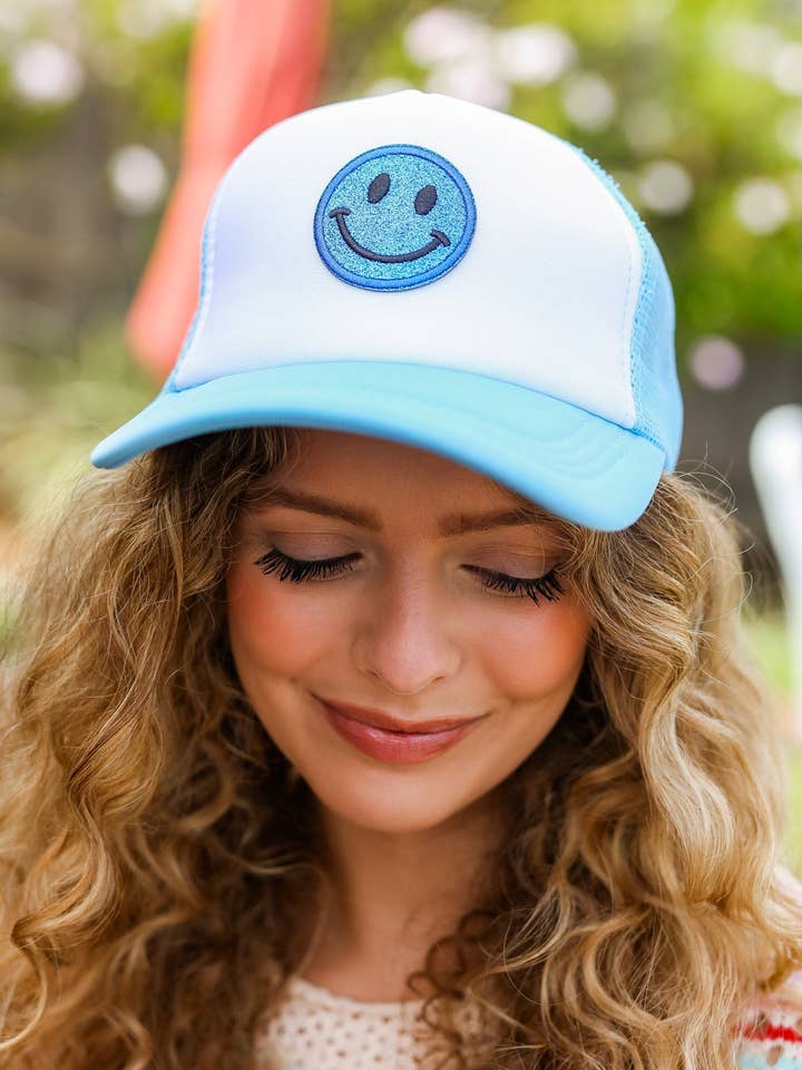 Baby Blue Glitter Smiley Face Mesh Trucker Hat for wholesale by Promenade