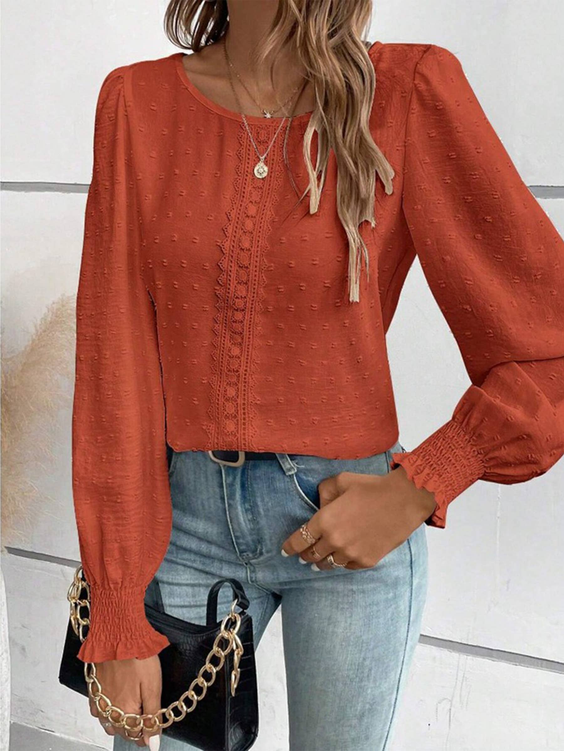 Wholesalesir - Wholesale Blouse - Women's - Round Neck Lace Solid Color Shirt4