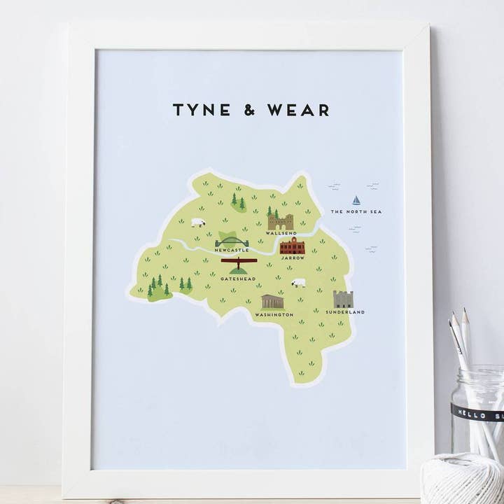 Mappa Tyne & Wear per la vendita all'ingrosso da parte di Pepper Pot Studios