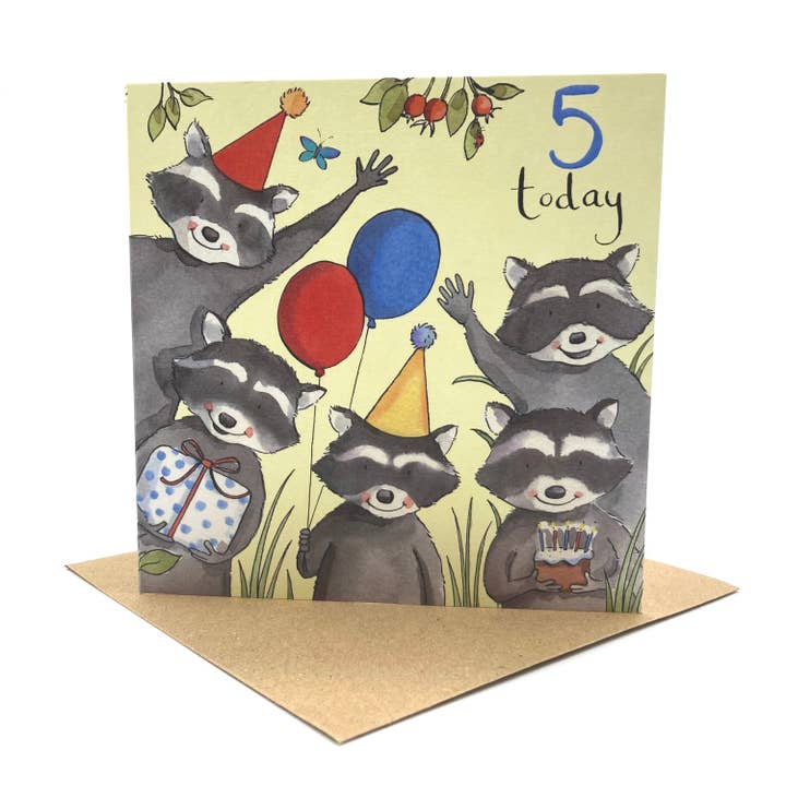 5th Birthday Card - Racoons for wholesale by Ink and Snail Limited