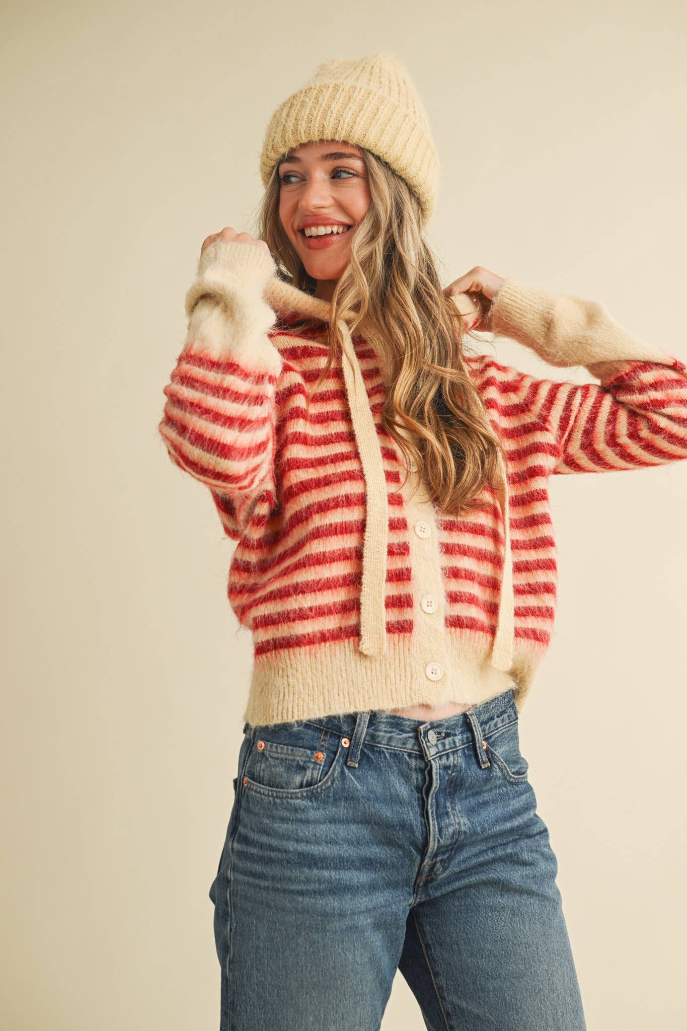 &MERCI - Wholesale Cardigan - Women's - STRIPED HOODIE SWEATER CARDIGAN MSW1106343