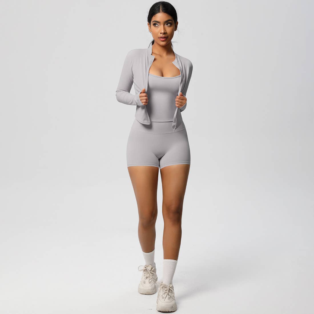 Sodalemon – Conjunto de desporto – Mulher por atacado – Conjunto feminino de yoga justo: top esportivo com interior escovado, jaqueta com zíper e shorts14