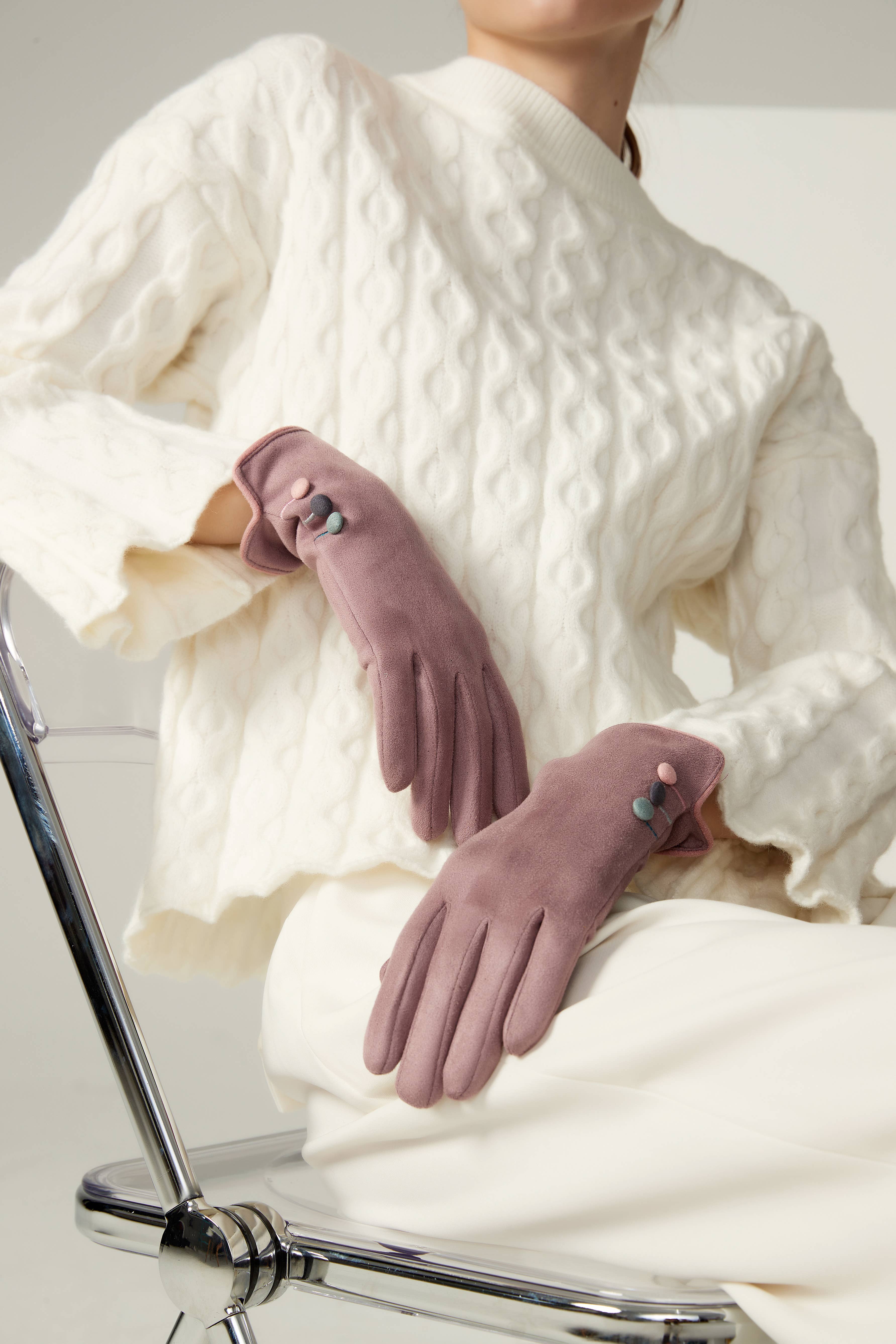 Aavion – wholesale Gloves – Women's – Women's Faux Suede Touchscreen Gloves – Trim & Buttons9