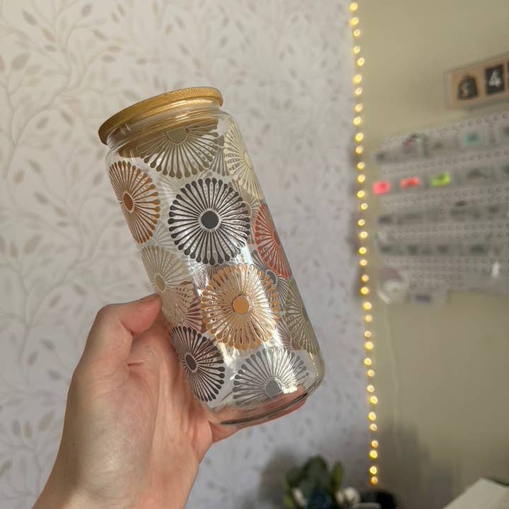 SKS Design Studio - Wholesale Drinking Glass/Cup - Starburst | 20 oz Glass Tumbler with Bamboo Lid & Straw